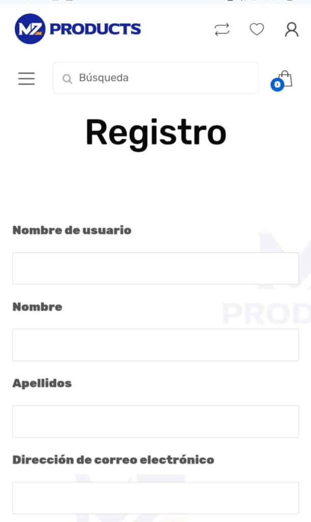 Pantalla para Introducir Datos en Tienda Online MZ Products