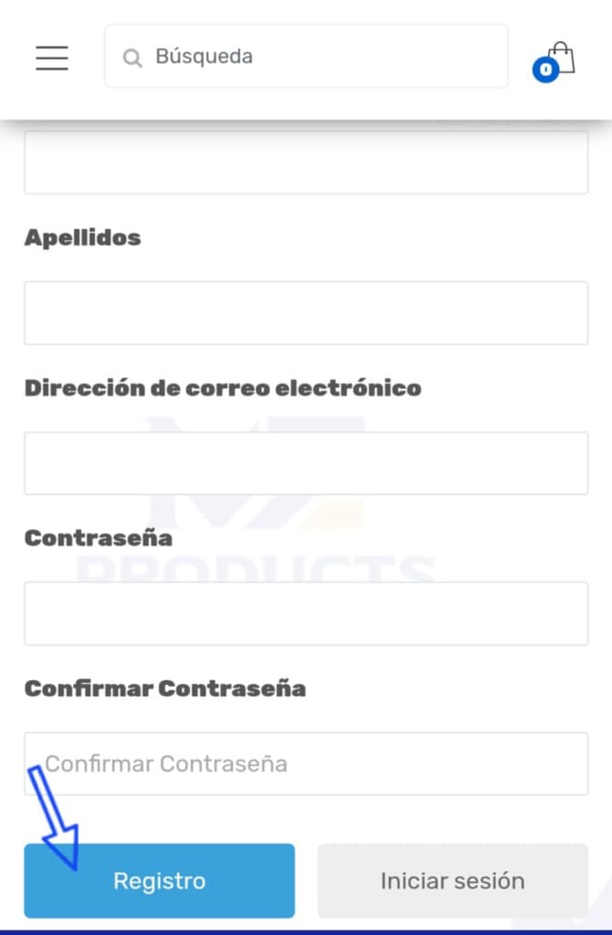 Creación de Cuenta en Tienda Online MZ Products
