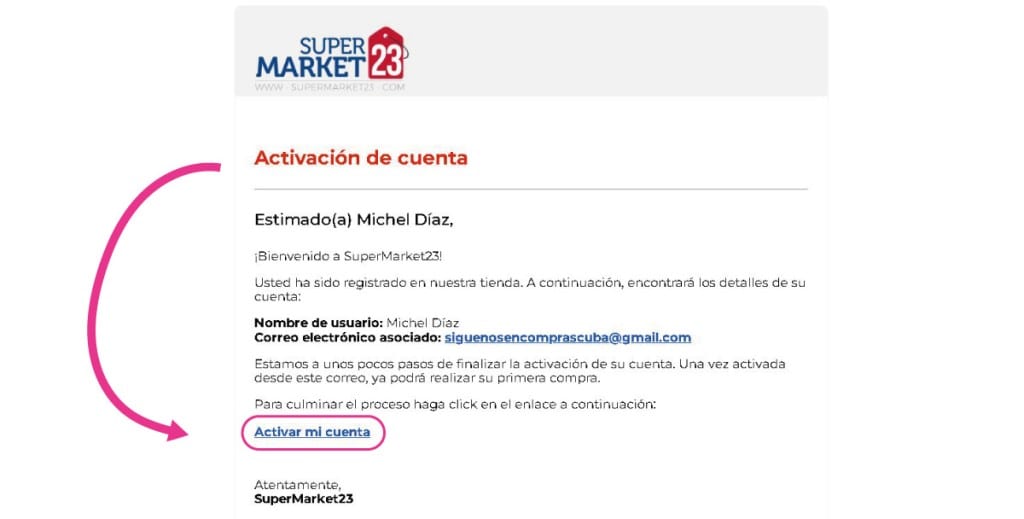 Correo de activación de cuenta enviado por SuperMarket23 con un enlace para confirmar la cuenta