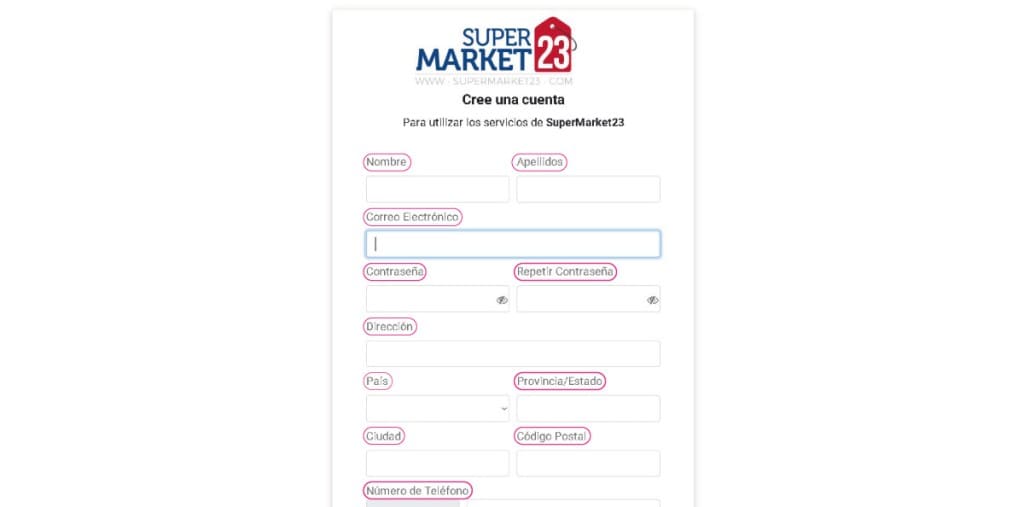 Formulario de registro en SuperMarket23 mostrando los campos requeridos como nombre, correo, dirección y número de teléfono