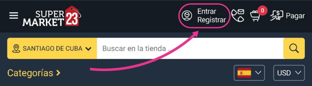 Captura de pantalla mostrando el botón Entrar/Registrar en la página principal de SuperMarket23