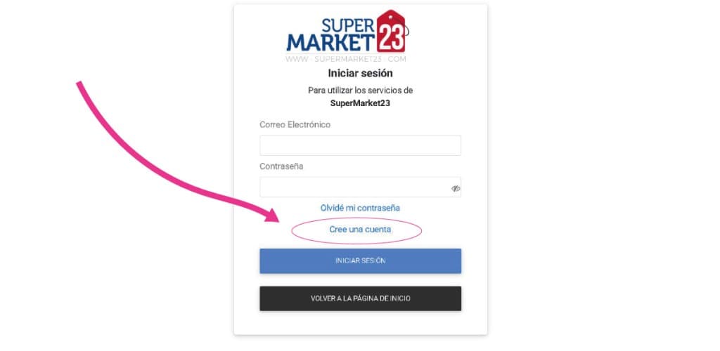 Captura de pantalla del formulario para crear una cuenta en SuperMarket23